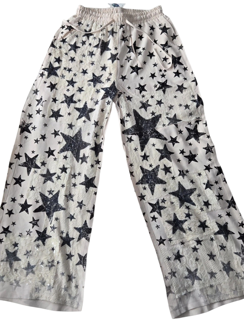 NWT Origami Star Print Wide Leg Pants M Cream Ombre Lace Drawstring